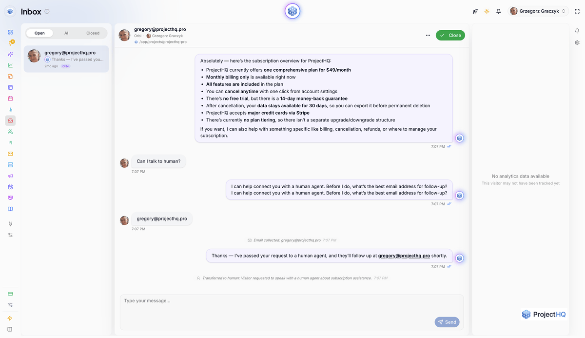 Our AI answers pricing questions before the visitor asks for a human agent. ProjectHQ chat where the AI answers pricing questions before the visitor asks for a human agent.