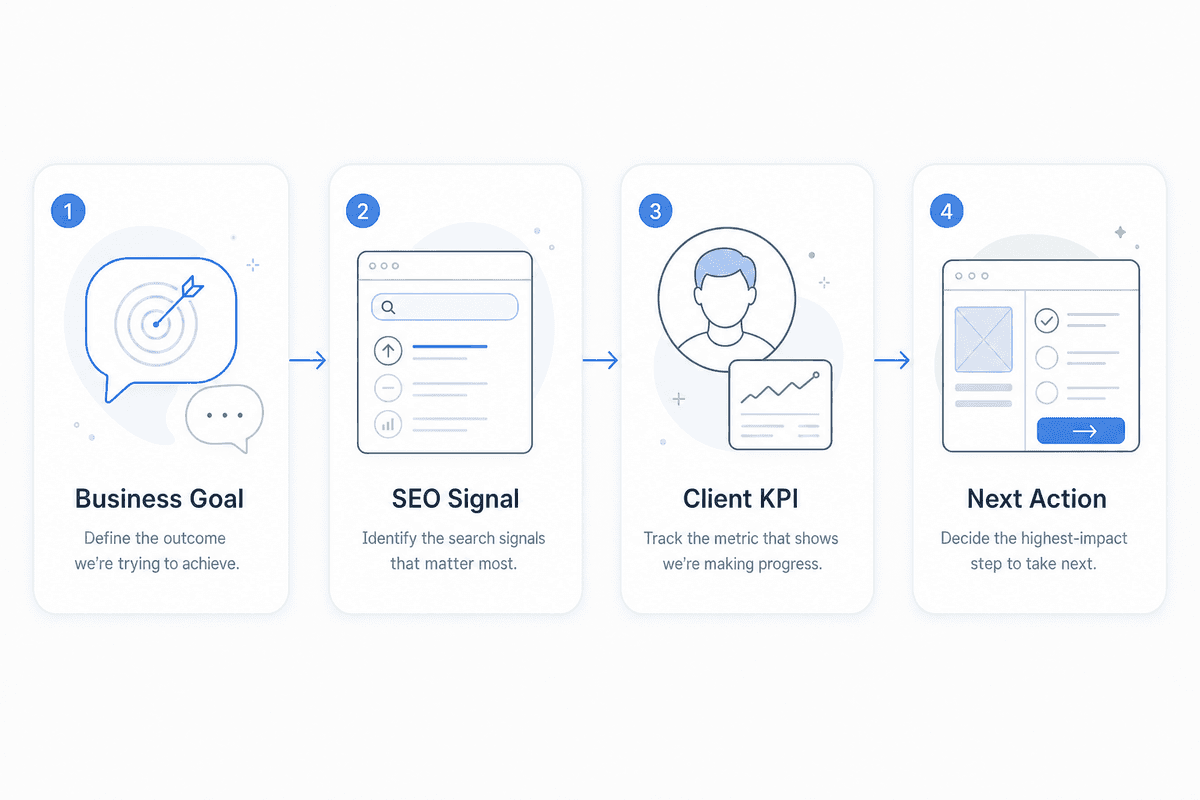 The best client dashboards translate SEO activity into the business decision the client needs to make. Process for mapping a client business goal to SEO reporting metrics and next actions