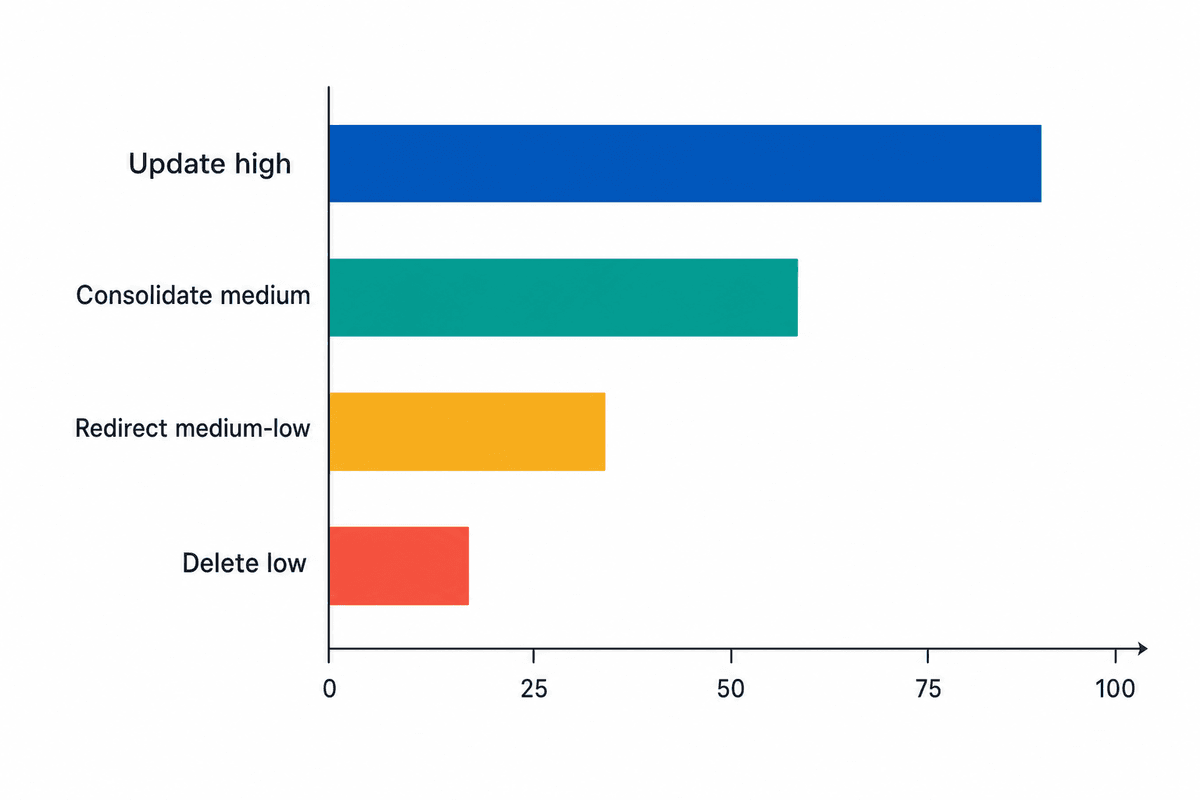 Simple action bands help teams stay consistent without pretending every page can be judged by one metric. A minimal horizontal bar chart comparing four action bands: Update high, Consolidate medium, Redirect medium-low, Delete low. Clean neutral editorial style with short labels only.