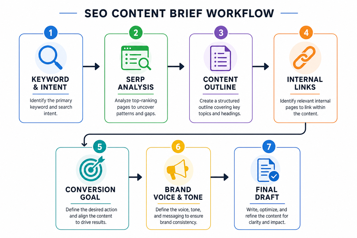 A useful SEO brief connects research inputs to clear writing decisions instead of dumping raw notes on the writer. A clean flowchart showing an SEO content brief moving from keyword and intent to SERP analysis, outline, internal links, conversion goal, brand voice, and final draft, minimal editorial style.