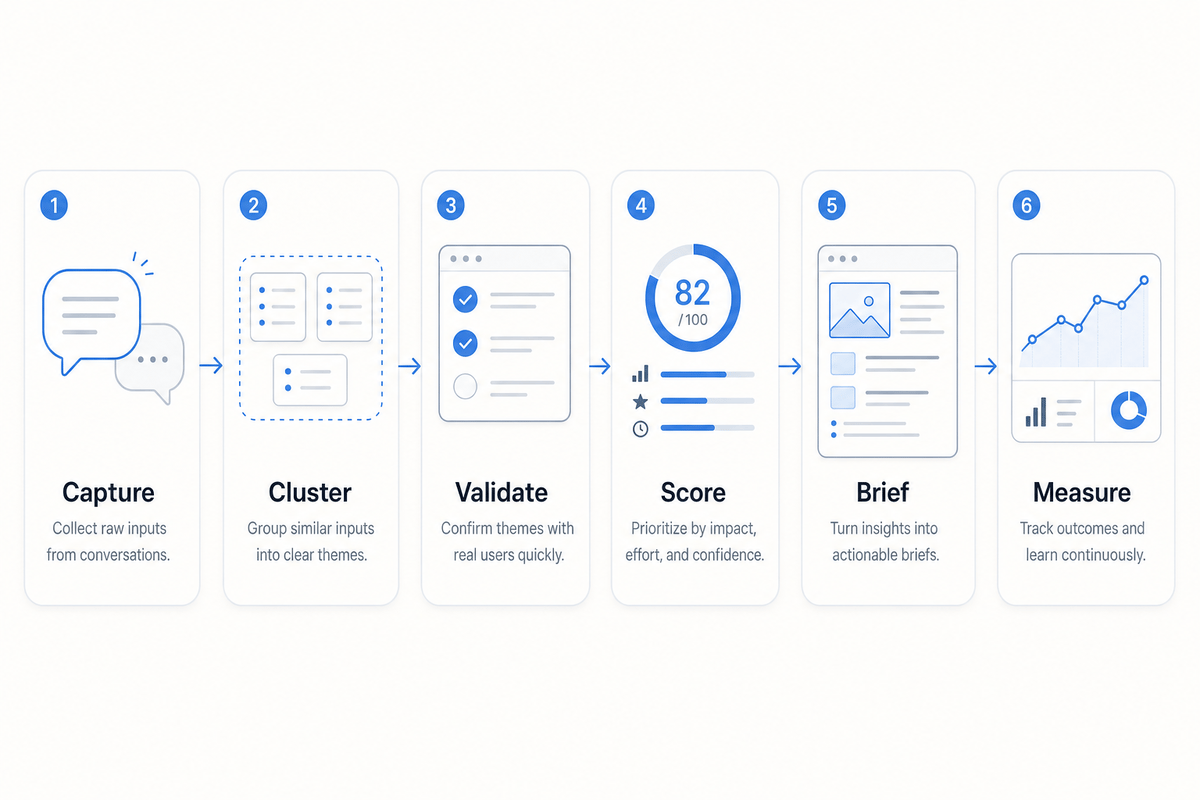 A useful visitor question moves through validation and prioritization before it becomes an article. Six-stage workflow from capturing visitor questions to measuring published content
