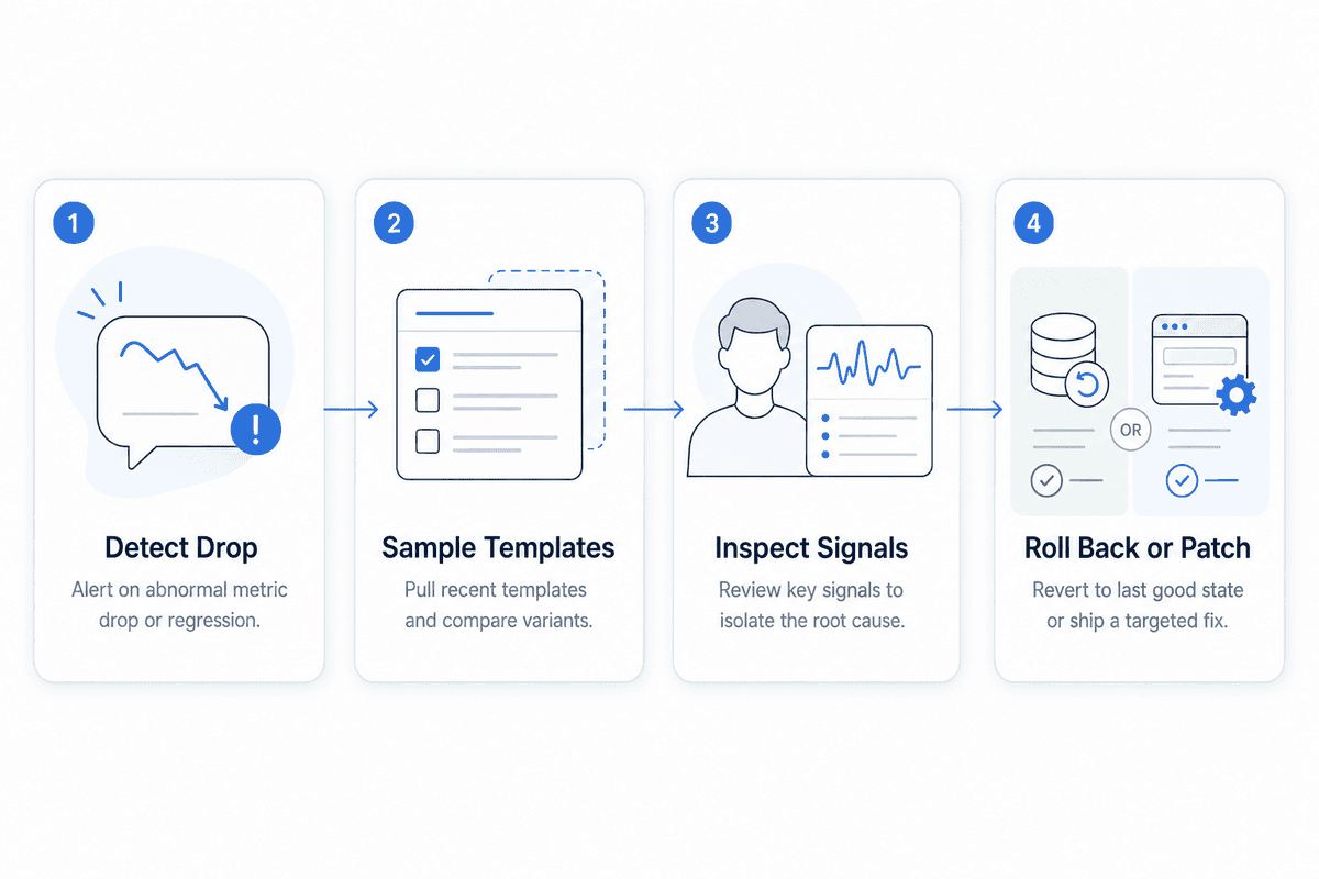 A disciplined first response confirms the pattern quickly and prioritizes rollback or repair. Emergency diagnostic flow from detecting a drop through sampling, signal inspection, and rollback or patching