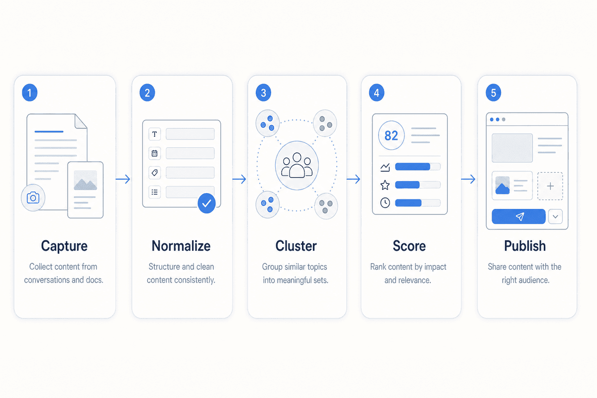 A shared workflow turns scattered conversations into a ranked publishing queue. Workflow from capturing customer questions to publishing knowledge-base articles