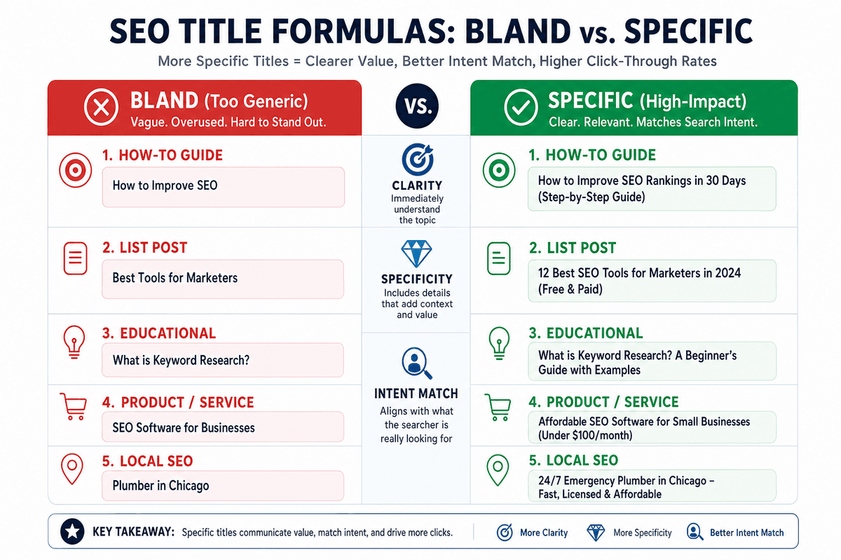 The best title rewrites improve clarity and relevance, not just cleverness. Comparison chart of weak versus strong title tag patterns for organic CTR