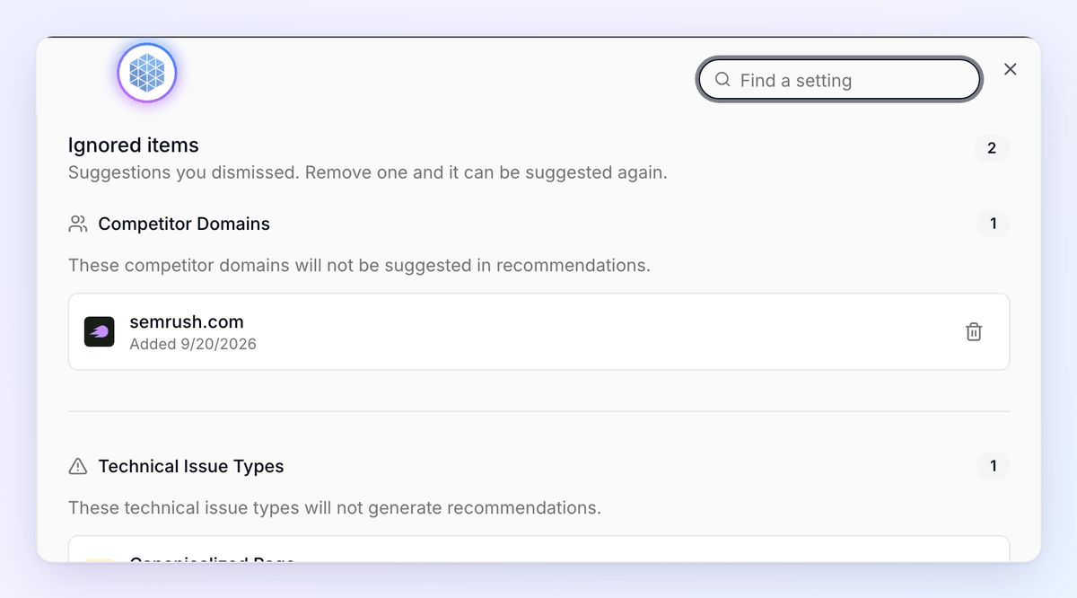Ignored items in the project settings: semrush.com under Competitor Domains and Canonicalized Page under Technical Issue Types