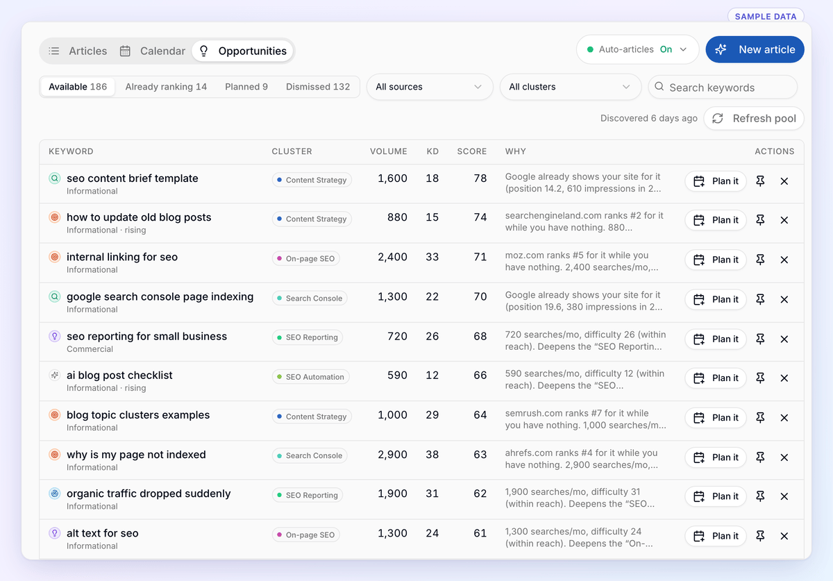 The Opportunities list of keywords with cluster, volume, difficulty, score, the reason each was picked, and Plan it, pin and dismiss actions