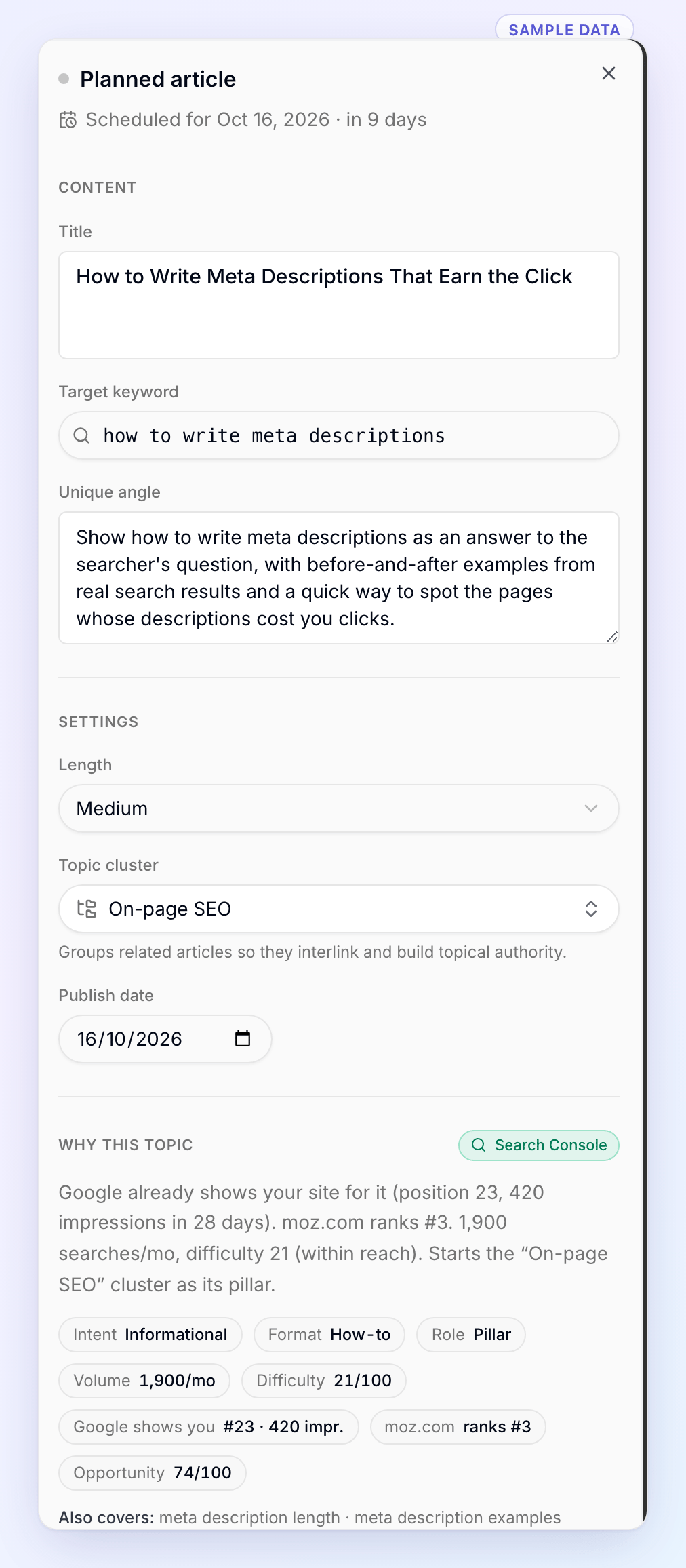 The Planned article panel with the title, target keyword, unique angle, length, topic cluster, publish date and the Why this topic section