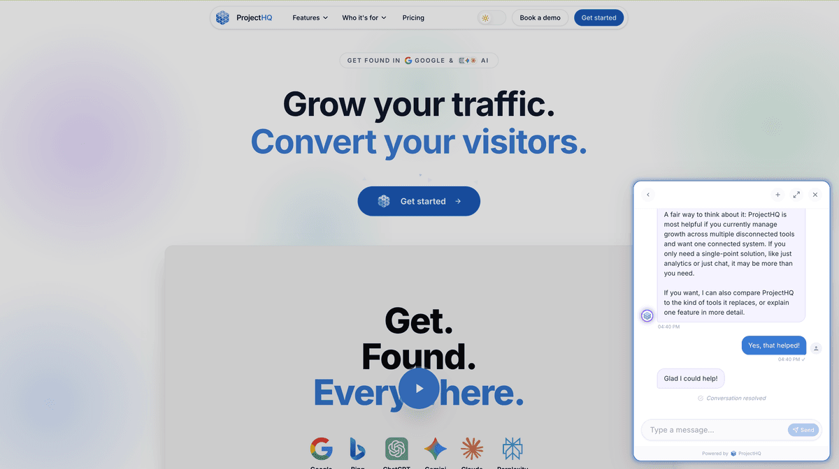 This image displays a website homepage for ProjectHQ, a digital marketing platform, featuring a prominent headline about growing traffic and converting visitors, with an open chatbot window on the right. It is suitable for articles discussing marketing technology, AI in business, or website user interfaces.