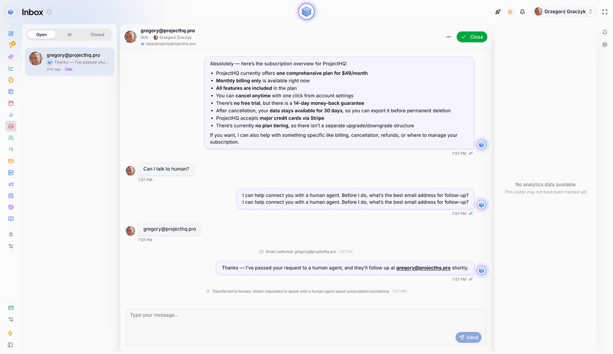 A useful AI live chat setup answers routine questions first, then hands the conversation to a human with context intact. ProjectHQ live chat interface with AI responses and human handoff